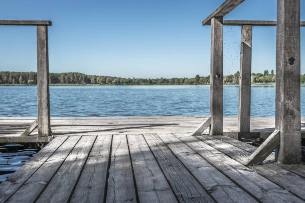 istock Boardwalk pier and calm water in a rural landscape 1261720692