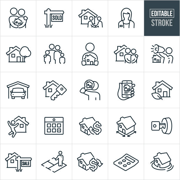 Residential Real Estate Thin Line Icons - Editable Stroke A set of residential real estate icons that include editable strokes or outlines using the EPS vector file. The icons include a couple holding a house, sold real estate sign, Real Estate Agent shaking hands with a home buyer, female real estate agent, house, family of four, person holding house in hands, couple in front of new home, Real Estate Agent using bullhorn to market home, car in garage, house with house key, person holding magnifying glass with house, house search on mobile phone, green house, home buyer jumping up and down over new home purchase, calendar, rising home prices, house square footage, house key in lock, for sale sign in front of house, Real Estate Agent showing house, home prices down, calculator and a sinking home to name a few. house key icon stock illustrations