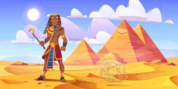 Vector illustration of Ancient Egyptian pharaoh in desert with pyramids