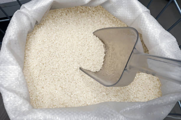 rice in a polypropylene bag stock photo
