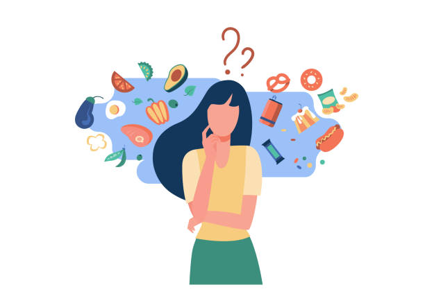 Woman choosing between healthy and unhealthy food Woman choosing between healthy and unhealthy food. Character thinking over organic or junk snacks choice. Vector illustration for good vs bad diet, lifestyle, eating concepts life choices stock illustrations