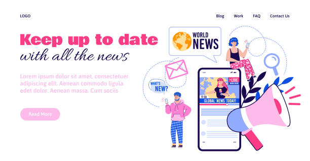 Web page for online news media channel with cartoon people vector illustration. Web page template for online news media channel with cartoon people on phone screen, flat vector illustration. Mobile website application for internet news content. newsletter template stock illustrations