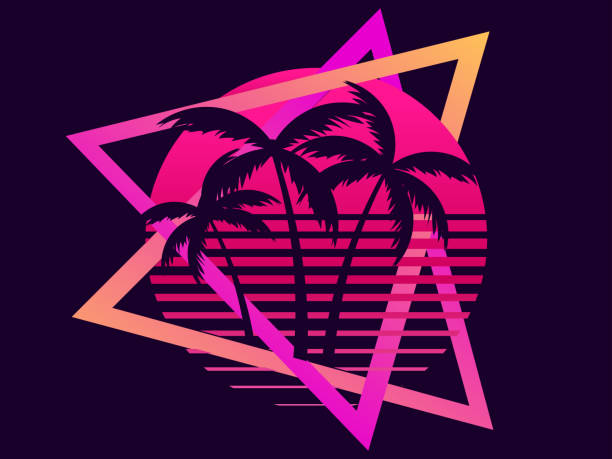 ilustrações de stock, clip art, desenhos animados e ícones de 80s retro sci-fi palm trees on a sunset. retro futuristic sun with palm trees. summer time. synthwave and retrowave style. vector illustration - synthesizer