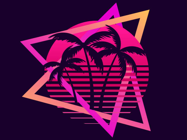 80s retro sci-fi palm trees on a sunset. Retro futuristic sun with palm trees. Summer time. Synthwave and retrowave style. Vector illustration 80s retro sci-fi palm trees on a sunset. Retro futuristic sun with palm trees. Summer time. Synthwave and retrowave style. Vector illustration 1980s style stock illustrations