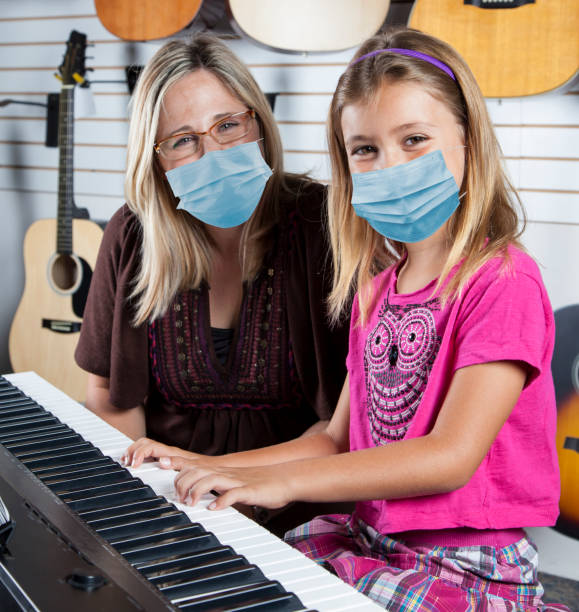 istock Music teacher and student at piano playing wearing protective face masks. 1261781249