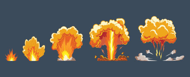 ilustraciones, imágenes clip art, dibujos animados e iconos de stock de efecto de explosión de dibujos animados con humo. efecto boom cómico, flash de explosión, cómic de bomba, ilustración vectorial. sprite de marco. marcos de animación para el juego - fireball flame fire bomb