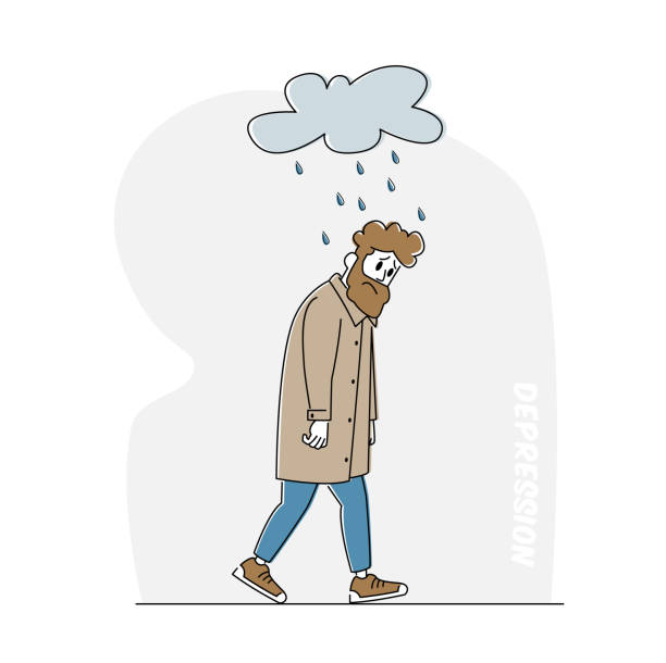 illustrations, cliparts, dessins animés et icônes de homme déprimé et anxieux avec la bouteille d’alcool souffrent de dépression et d’anxiété se sentent frustrés marchant sous le nuage pluvieux - shower silhouette women people