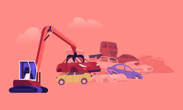 Vector illustration of Character Working on Grabber Loading Old Junk Cars at Pile with Ruined Vehicles. Scrap Metal Utilization and Recycling