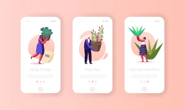 Vector illustration of People Growing Decorative Plants in Terrarium Mobile App Page Onboard Screen Template. Tiny Characters Grow Succulents