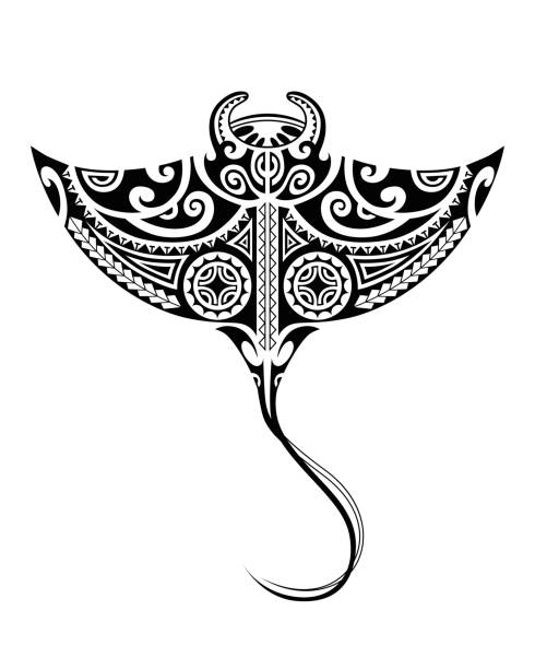 ilustrações de stock, clip art, desenhos animados e ícones de stingray manta in maori style. tattoo sketch tribal ethno style. - manta ray maori tattoo pattern