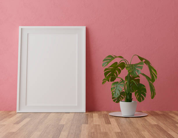 istock Vertical wooden frame mock up on red wall background with plants, 3d illustration 1261819140