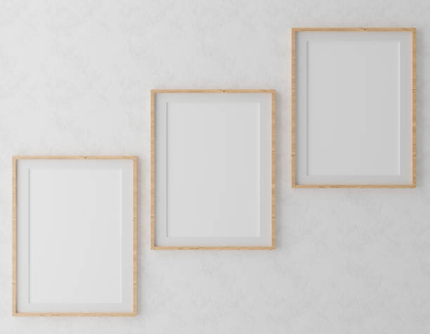 istock Three Vertical wooden frame mock up on white wall background with plants, 3d illustration 1261819661
