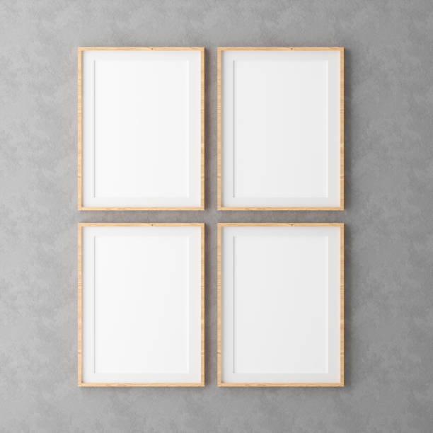 istock Four Vertical wooden frame mock up on blue wall background with plants, 3d illustration 1261819687