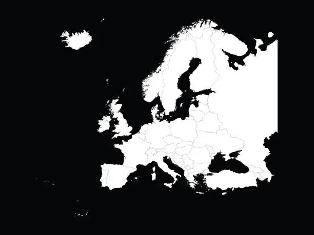Vector illustration of White Map of Europe with countries on Black background