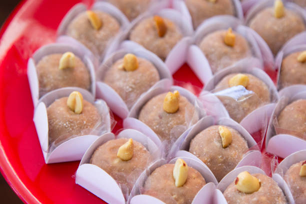 Peanut brigadeiro on the decorated birthday table, traditional Brazilian party candy