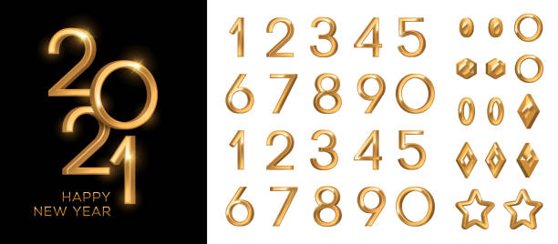 3d gold numbers set 3d gold numbers set in vintage style. Vector illustration. Minimal invitation design for Christmas and New Year 2021 with retro elements circle, star and baubles, alphabet typeface glowing text gold number 1 stock illustrations