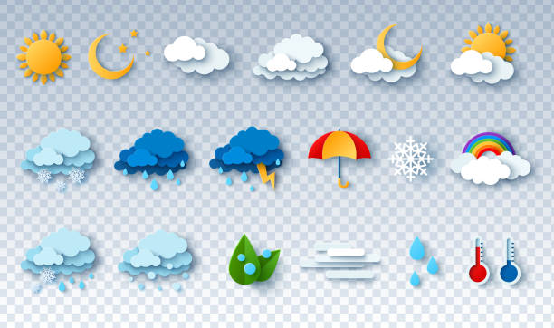 Paper cut weather icons Paper cut weather icons set on transparent background. Vector illustration. White clouds, dew on leaves, fog sign, day and night for forecast design. Sun and thunderstorm stickers. cumulonimbus stock illustrations