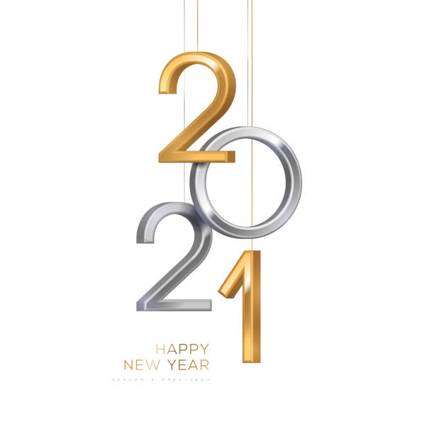2021 numbers hanging on white 2021 silver and gold numbers hanging on white background. Vector illustration. Minimal invitation design for Christmas and New Year. 2021 stock illustrations