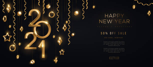 2021 and gold 3d baubles Christmas and New Year banner with hanging gold 3d baubles and 2021 numbers on black background. Vector illustration. Winter holiday geometric decorations and streamers. Place for text 2021 illustrations stock illustrations