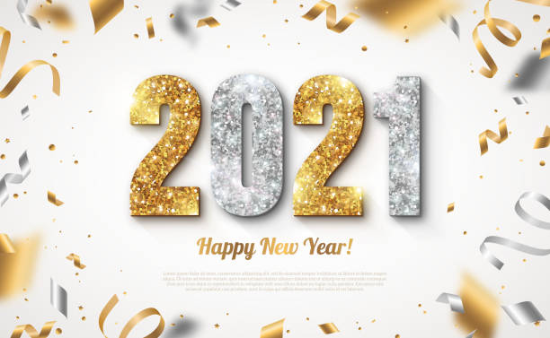 Gold and Silver 2021 Happy New Year Banner with Gold and Silver 2021 Numbers on Bright Background with Flying Confetti and Streamers. Vector illustration 2021 background stock illustrations
