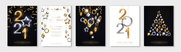 Christmas and New Year posters set Christmas and New Year posters set with hanging gold and silver 3d baubles and 2021 numbers. Vector illustration. Winter holiday invitations with geometric decorations new years eve party stock illustrations