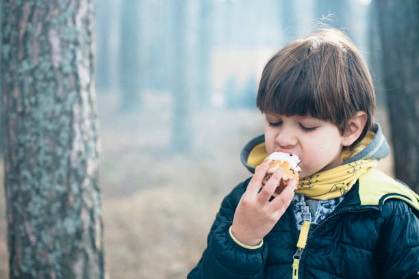 istock A child on a picnic in the forest is eating. 1261848711