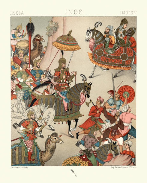 Military costumes of 16th Century India, Warriors, Royal cavalry, Infantry Vintage illustration of Military costumes of 16th Century India, Warriors, Royal cavalry, Infantry mughal empire stock illustrations