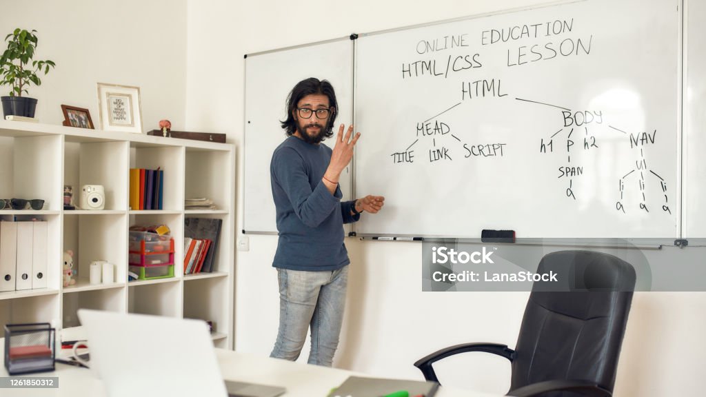 Sample Image Teaching Code Teaching Code Programming Young Bearded Male Teacher Pointing At ...