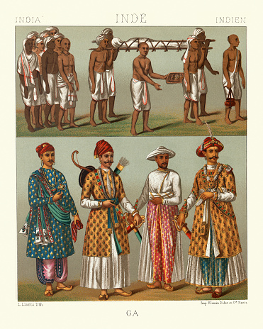 Vintage illustration of Fashions of India, Brahmin funeral, Rajput princes, Pathans. Marathas, Brahmin Merchant