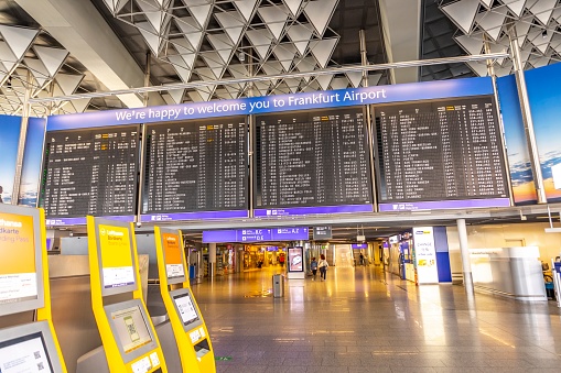 Frankfurt, Germany – July 11, 2020: nearly empty Terminal 1 during the Coronavirus Corona Virus COVID-19 at Frankfurt airport (FRA) in Germany.