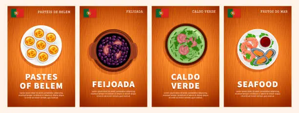 Vector illustration of Portuguese cuisine, traditional food, national dishes on a wooden table. Seafood, Feijoada, Caldo Verde, Pastes of Belem.