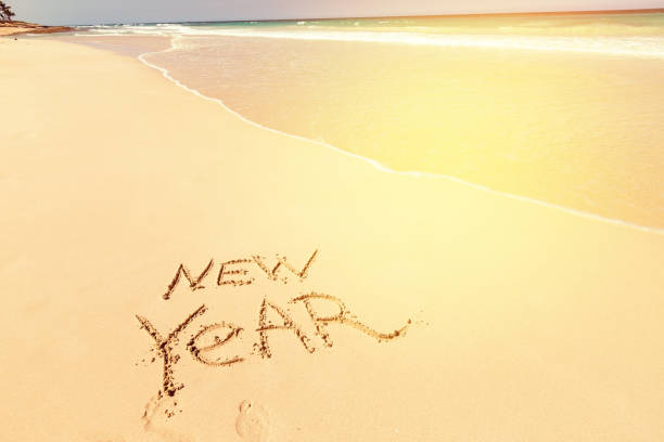 2025 text written on sand of beach sea