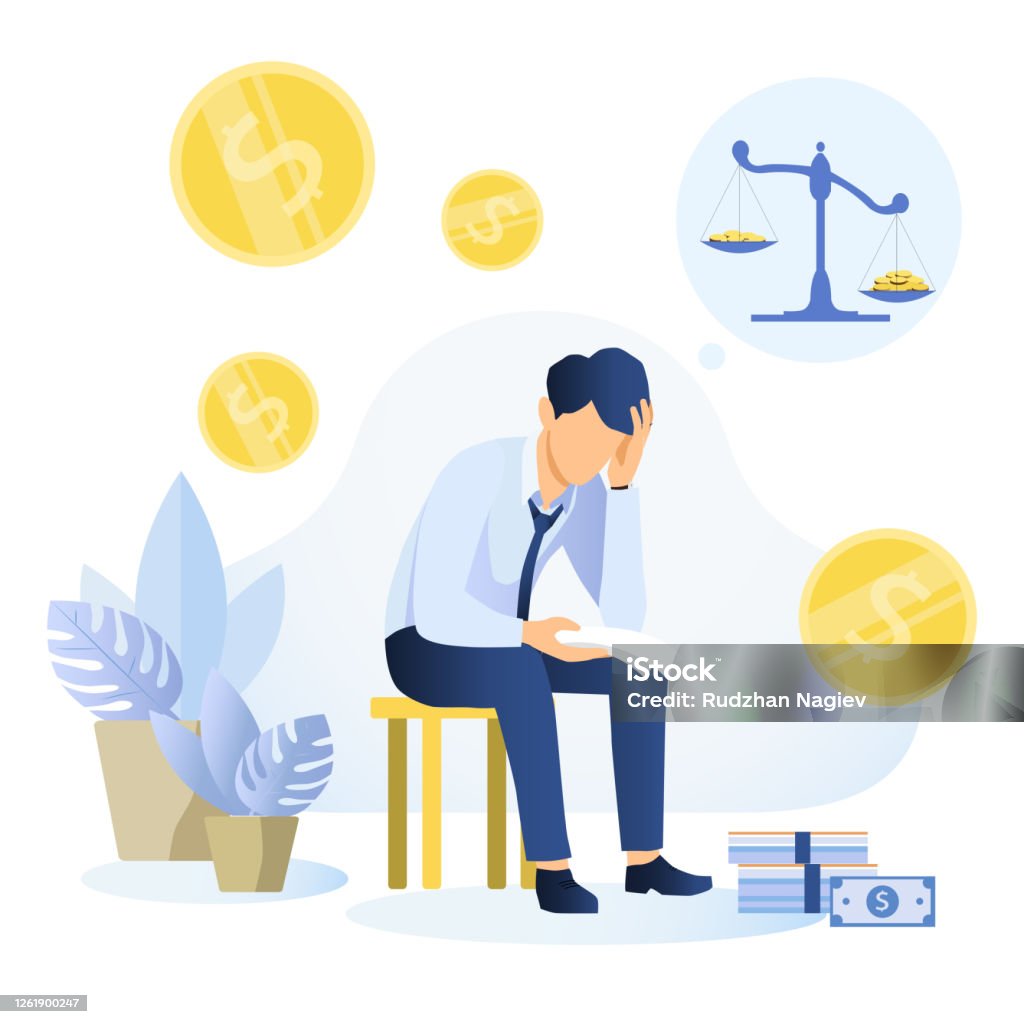 Financial problems and bankruptcy concept Depressed young man sitting on a chair reading a document and thinking about finding money for paying bills. Financial problems and bankruptcy concept. Flat vector illustration. Debt stock vector