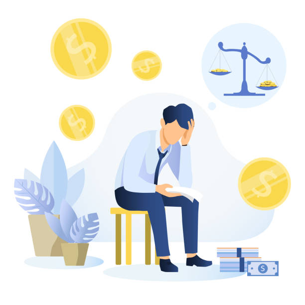 Financial problems and bankruptcy concept Depressed young man sitting on a chair reading a document and thinking about finding money for paying bills. Financial problems and bankruptcy concept. Flat vector illustration. emotional stress illustrations stock illustrations