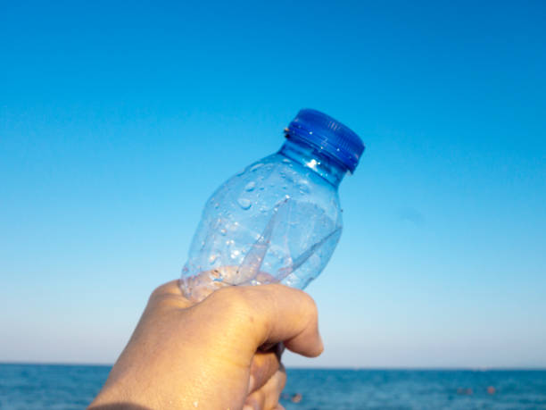 istock Beach plastic bottle is holding in female hand 1261900251