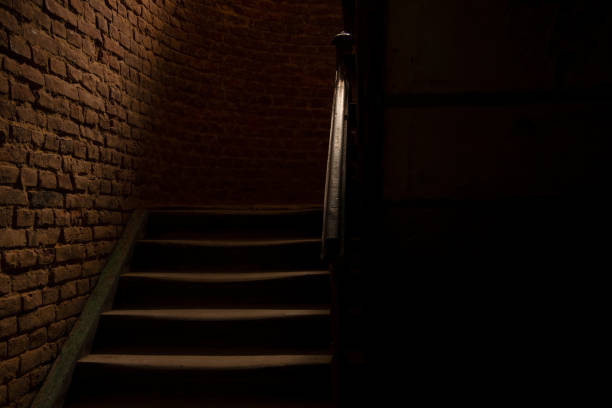 istock horror style dark hall and stairs path way corridor indoor space and brick wall background in photography with lights and shadows 1261901305
