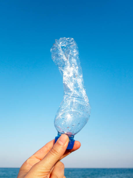 istock Beach plastic bottle is holding in female hand 1261901853