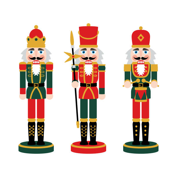 illustrazioni stock, clip art, cartoni animati e icone di tendenza di figure di schiaccianoci di natale - decorazioni per bambole soldato giocattolo - nutcracker