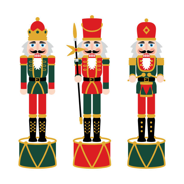 weihnachten nussknacker figuren - spielzeug soldat puppe dekorationen - weihnachtsmarkt stock-grafiken, -clipart, -cartoons und -symbole