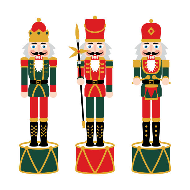 ilustraciones, imágenes clip art, dibujos animados e iconos de stock de figuras de cascanueces de navidad - decoraciones de muñecas de soldado de juguete - cascanueces utensilios de cocina