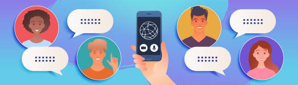 istock Online meeting of young smile people via a video call. Work from Home concept. 1261907536