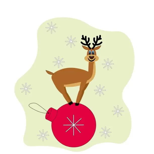 Vector illustration of Cute deer stands on a Christmas ball with resa abstraction and snowflakes. Isolated against white background. Stock vector illustration for decoration and design, postcards, posters, fabrics