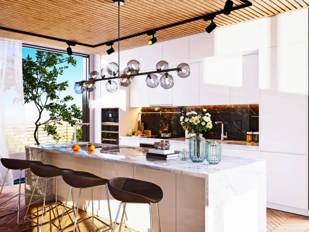 istock 3d render of luxury house kitchen and bar counter 1261916030