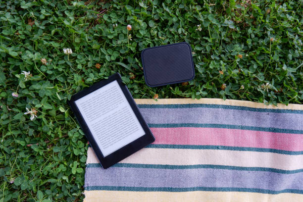 istock Flat lay of e-book reader, bluetooth speaker a rug on green grass. 1261917623