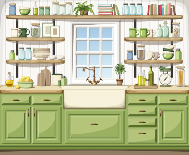 Kitchen interior with green cabinets, a sink, open shelves, a window and kitchenware. Vector illustration. Vector illustration of a kitchen interior with green cabinets, a sink, open shelves, a window and kitchenware. vintage kitchen scale with fruit stock illustrations