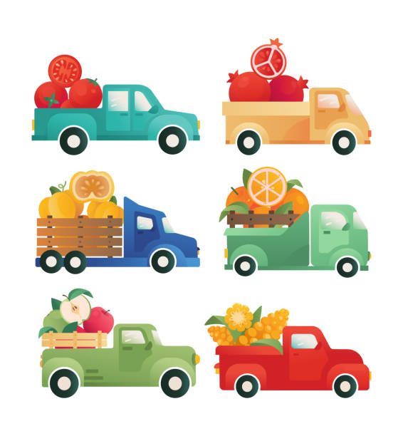 ilustrações, clipart, desenhos animados e ícones de entrega de legumes, frutas ícone isolado. máquinas com colheita dentro. - tomato giant vegetable pick up truck