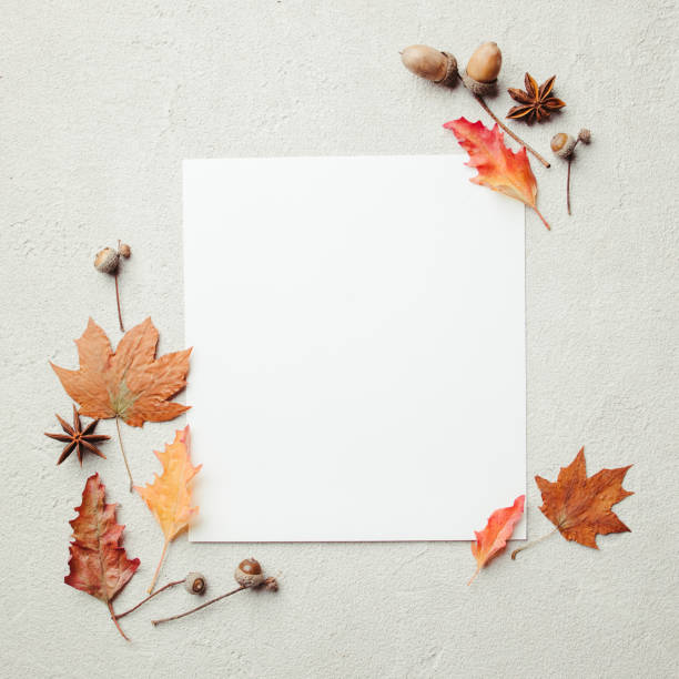 istock Autumn decorations and white mockup greeting card 1261942612