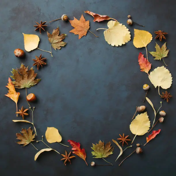 Photo of Fall yellow leaves wreath on dark surface