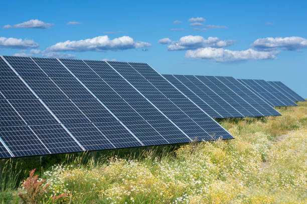 Energy park with solar panels stock photo