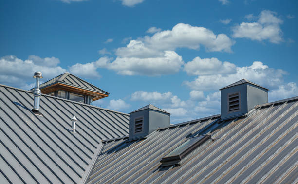 techo de metal bajo el cielo azul - tejado fotografías e imágenes de stock